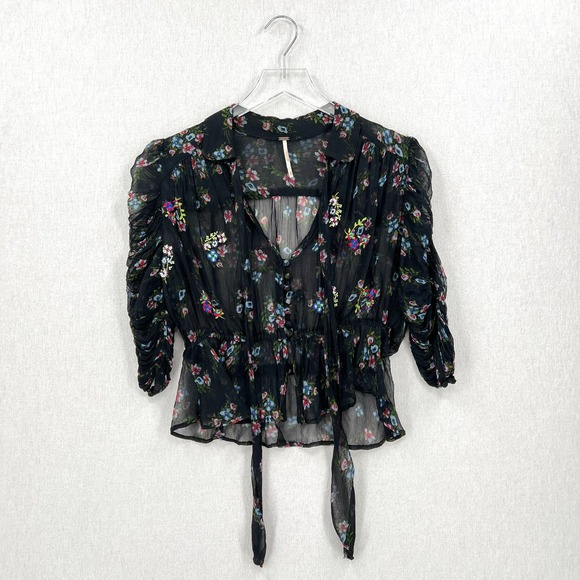 FREE PEOPLE Buttercup Embellished Button Down Top Womens XS Black Sheer Floral - Picture 2 of 12